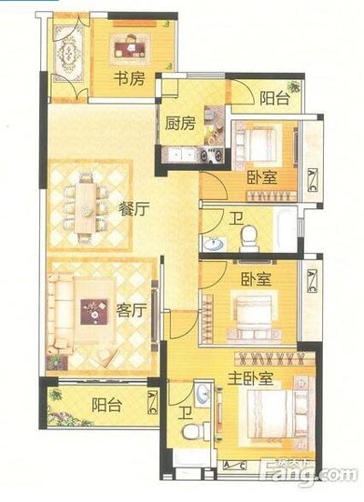 本單元的設(shè)計(jì)整體色調(diào)采用的是木色，不僅沿用了中式的端莊典雅，同時(shí)加入一些時(shí)尚的元素，讓整個(gè)空間多了現(xiàn)代的時(shí)尚感覺(jué)，卻不失中式的端莊。